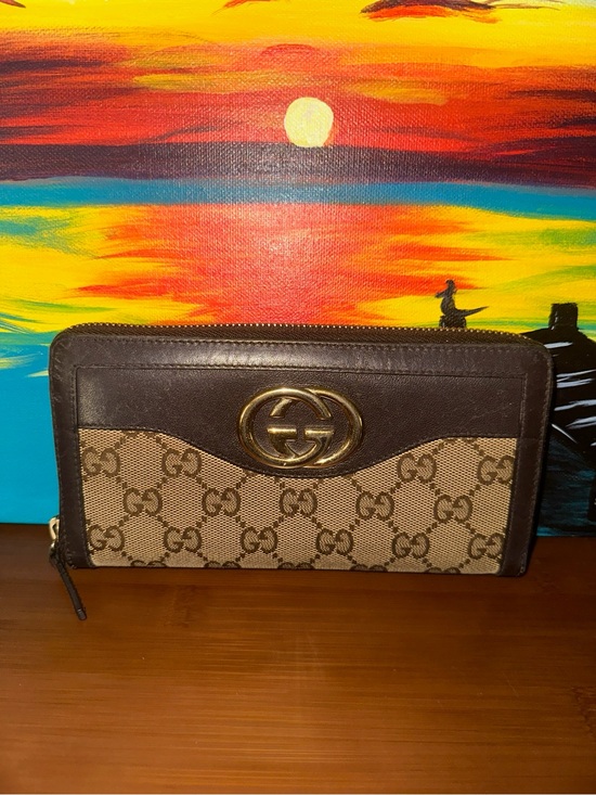 Gucci Handbags - Gucci Beige Brown GG Canvas Zip Wallet with Gold Logo